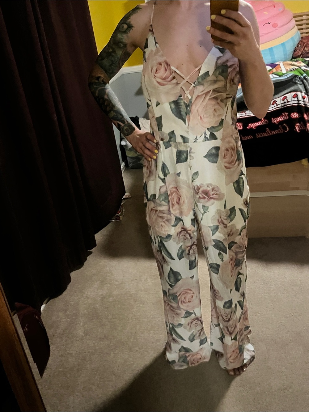 Trac Cream Floral Spaghetti-Strap Jumpsuit